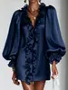 Llegada nueva de Amazon transfronterizo: Mini vestido brillante, transparente, con cuello con volantes y mangas abullonadas, de escote en V pronunciado, creando un look ligero y lujoso para mujer