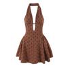 2025 Primavera y Verano Nuevo Estilo Elegante Empalmado Halter Vestido para Mujer Cuello en V Profundo Vestido Plisado Vestido de Falda Corta