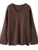 Suéter de Cachemir Holgado y Casual con Borde Enrollado para Mujer, Suéter Base de Punto Pulóver Delgado con Cuello en V, Top Simple Versátil