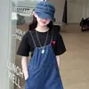 Conjunto de Peto de Manga Corta para Niñas 2026 Atuendo de Verano Infantil Estilo Coreano Camiseta y Peto de Mezclilla Conjunto de Dos Piezas de Verano