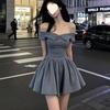 Novo Design Francês Tomara que Caia Temperamento Verão Garota Quente Vestido Uma Linha Emagrecimento da Cintura Vestido Chique Bufante