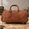 Bolsa de Viagem Grande Capacidade em Couro Genuíno, Couro Crazy Horse de Alta Qualidade, Compartimento Independente para Sapatos, Bolsa de Mão Transversal com Rodas, Bolsa de Viagem