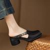 Zapatos Negros de Cadena en Plataforma Ropa Exterior Retro Sandalias Huecas Perezosas de Cuero Genuino Zapatillas de Media Punta con Tacón Grueso para Mujer