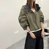 Jaqueta curta com capuz color block estilo coreano para mulheres, nova coleção de outono, jaqueta casual versátil de corte solto, casaco curto, top moderno