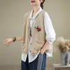 Chaleco de punto 100% algodón para mujer, nuevo de principios de otoño 2024, vintage, artístico, versátil, sin mangas, cuello en V, prenda de abrigo