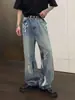 Jeans Ripped de Perna Reta High Street Retrô Americano para Homens, Calças Versáteis Largas Lavadas Vintage de Comprimento Total e Perna Larga
