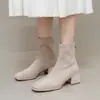 Botas delgadas de punta cuadrada para mujer 2026 otoño tacón grueso cremallera trasera gamuza botines elásticos de tobillo celebridad de internet retro botines calcetín botas color carne con felpa