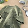 Camiseta Masculina de Camurça Pesada Manga Curta Verão 2025 Nova Roupas Retro Americana Marca Tendência Camiseta Solta de Meia-Manga