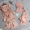 Traje de pijama de cuatro piezas para mujer, sexy, seductor, estampado, moda europea y americana, para casa