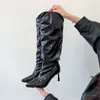 Versão em Couro Macio Panturrilha Larga Grande Bico Fino Salto Agulha Botas Altas Femininas Outono Novo Estilo Plissado Empilhado Botas de Cavaleiro Pessoa Baixa Botas Longas
