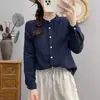 Camisa blanca de algodón de doble capa para bebé niña, capa base de manga larga, artística, fresca, un bolsillo, cuello mao, top holgado
