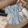 Ropa de Mujer Transfronteriza Europea y Americana de Amazon Camisa de Cuello en V Ajustada a la Cintura Top Delgado Estilo Francés de Lujo Ligero para Viajar