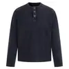 Henley de Tricô Waffle Preto Lavado à Água Manga Longa Gola com Três Botões Textura Retrô Modelagem Justa Camisa de Camada Base Camiseta Masculina