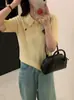 Top de punto de manga corta 100% lana merino fina para mujer, estilo nuevo, cuello polo, tejido de ochos, color liso, bordado, adelgazante, primavera, otoño