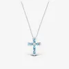 Collar Cruz de Diamantes Azul Profundo Versátil de Verano de Alta Gama Francés Colgante de Diamantes Completos Azul Santorini Cadena para Clavícula Mujer