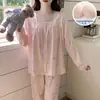 Pijama Estilo Princesa para Mujer, Nuevo Estilo Primavera y Otoño, con Almohadillas en el Pecho, Algodón Nube, Mangas Largas y Pantalones Largos, Dulce Conjunto Casual para el Hogar