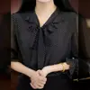 Blusa de Gasa con Lunares Negros para Mujer, Estilo Delgado, Cuello en V, de Atar, Top Elegante y con Estilo