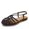 Sandálias Romanas Planas de Moda Casual Verão Tecidas Vazadas Bico Aberto Fivela Versátil Confortável Sapatos de Praia Feminino 655-6