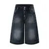 Jeans Holgados de Pierna Ancha con Doble Cintura Jimau Estilo Americano Unisex Azul-Gris Pantalones Cortos Rectos Recortados