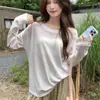 Camisa de Proteção Solar Colorida com Gola Redonda, Emagrecedora, Versátil, Moderna, Cor Sólida, Casual, Caimento Solto, Manga Longa para Ar Condicionado, Camiseta Fina para Mulheres