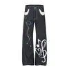 Jeans Anchos de Pierna Ancha hasta el Suelo con Estampado de Notas Musicales Retro Americano para Hombres y Mujeres Color Otoño Bloque de Color Mezclilla Cruda Streetwear Pantalones Casuales para Parejas