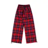 Pantalones Largos Casuales de Cuadros Sueltos para Hombre, Marca de Moda Americana, Estilo Japonés, Versátiles Elásticos Rectos de Pierna Ancha con Puños de Cordón