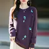 Suéter de Tricô com Gola Redonda de Lã Cashmere Novo Outono/Inverno 2026 Manga Longa Feminino Uva Com Contas Suéter Top de Lã Escovada