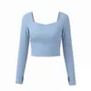 Conjunto de Fitness de Manga Larga Ajustado Delgado Cuello Cuadrado Top Favorecedor Pantalones de Yoga de Cintura Alta Levanta Glúteos Conjunto Deportivo Profesional de Dos Piezas