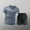 Conjunto esportivo masculino, roupa de seda gelada de secagem rápida, camiseta fitness, shorts de manga curta para corrida, roupa de treino, seda gelada de secagem rápida, transfronteiriço
