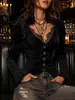 Bestseller transfronterizo europeo y americano estilo gótico top de terciopelo para mujer, cuello en V de encaje ajuste ceñido manga acampanada camisa vintage de manga larga