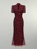 Vestido Floral Retro Estilo Palacio con Cuello Alto, Mangas Cortas Abullonadas Francesas, Cintura Alta, Efecto Adelgazante y Elegante Look de Diosa