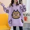 Estilo coreano otoño e invierno Nuevo suéter de punto para mujer estilo perezoso holgado combinación de colores gato de dibujos animados jacquard cuello redondo suéter mujer
