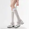 Meias de renda Lolita com cano alto para primavera e outono com fita de laço meias de cano alto estilo ballet branco meias de cano médio jk