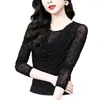 Tiro Real de Nuevo Estilo Versátil Camisa de Malla con Lunares y Terciopelo, Manga Larga, Cuello Oscilante, para Mujer