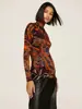 Top de malla floral retro popular transfronterizo europeo y americano para mujer, de cuello alto, manga larga, elástico, ajustado, transparente, camiseta base para superponer