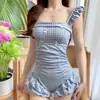Traje de baño Dopamina para mujer, Estilo Ins Fresco, Traje de baño de una pieza a cuadros azul girly, Conservador, Cubre la piel, Aspecto adelgazante, Resort Baño termal
