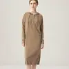 Vestido 100% caxemira pura para mulheres, novo vestido suéter de tricô longo e solto para outono e inverno com capuz e botões, vestido casual liso