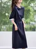Vestido Longo Feminino Estilo Ol Primavera 2026 Novo Estilo Gola Redonda Punho Patchwork Listrado Amarração na Cintura