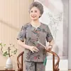 Conjunto de Verão de Manga Curta para Idosas da Vovó, Roupa para Casa, Blusa Estampada para Mãe