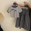 Conjunto de Camiseta de Dibujos Animados y Falda a Cuadros para Niñas, Nuevo Conjunto de Dos Piezas Casual Color Block Estilo Coreano de Verano para Niños Mayores