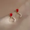 Pendientes de Amor Dulce con Aguja de Plata s925 para Niñas Rojos Simples de Perla Pendientes Pequeños de Corazón Rojo Joyería Coreana