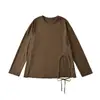 Exportação Transfronteiriça Roupas Femininas Outono 2025 Europeu e Americano Gola Redonda Manga Longa Assimétrica Cadarço Cor Sólida Pulôver Camiseta Tops para Mulheres