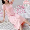 Camisola fina de verão feminina de manga curta, cor sólida, com bojo no peito, longa, acima do joelho, peça de outer wear para casa, atacado transfronteiriço