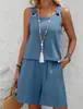 Primavera/Verano 2026 Nuevo Transfronterizo Europeo y Americano Amazon Temperamento Cuello Redondo Color Sólido Conjunto de Dos Piezas Conjunto de Pantalones Cortos sin Mangas Mujer