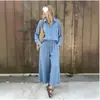 Conjunto Feminino de Duas Peças Europeu e Americano Transfronteiriço Estilo Primavera Novo Temperamento Moderno Tamanho Plus Conjunto de Camisa com Aparência de Linho Calça Longa Solta de Cintura Alta