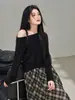 Diseño asimétrico, largo cropped, camiseta de manga larga, talla grande para mujeres con curvas, corte favorecedor, top de un solo hombro, 65634
