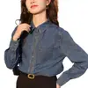 Tiro Real # Camisa de Mezclilla Suave Azul Oscuro Retro para Mujer, Dobladillo que no se Enrolla, Camisa en Capas, Top Versátil para Tallas Pequeñas.