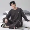 Pijama de hombre para primavera y otoño, algodón puro, cuello redondo, sin botones, talla grande, simple, casual, color liso, se puede usar como ropa exterior, conjunto de loungewear