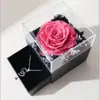 Caja de Joyería con Flor Real Rosa y Flor Inmortal, con Luz, Doble Cajón, Acrílico, para Anillo, Collar, Caja de Regalo