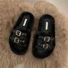 Pantuflas Peludas para Exterior de Mujer 2024 Nuevo Otoño e Invierno Celebridad de Internet Fondo Alto Plano Fondo Plano Piel de Conejo Peludas Algodón de Una Palabra